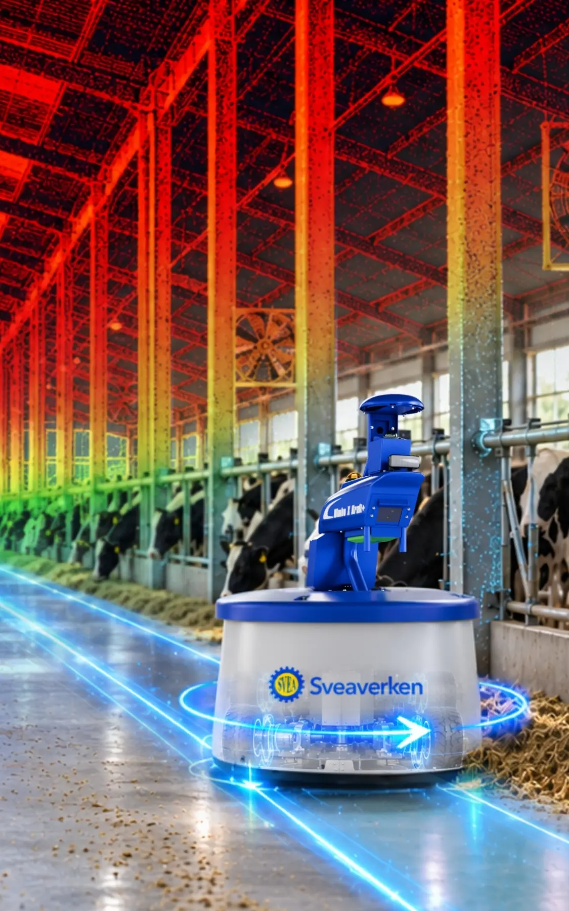 Sveaverken Nimbo X Kraft+ pushing feed beside dairy cows, with 3D mapping visualisation